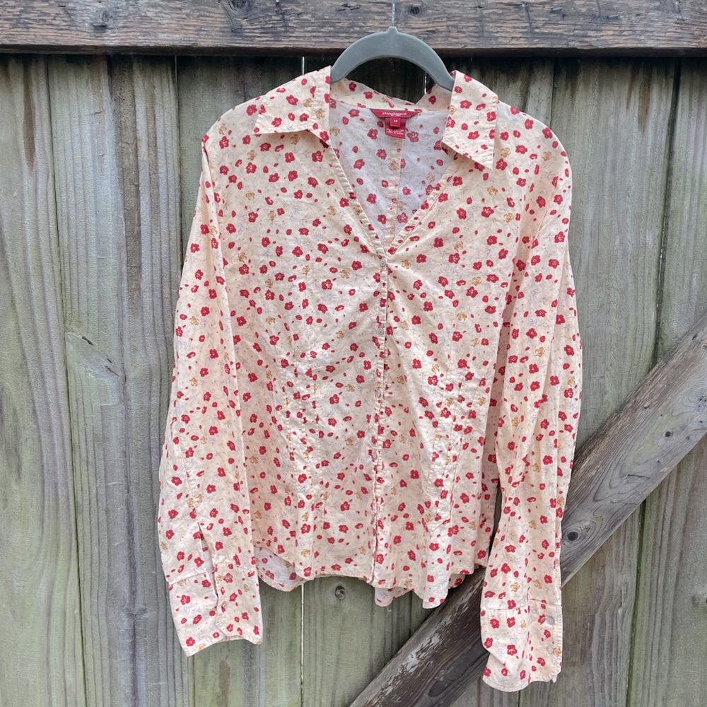 Sundance Floral Cotton V Neck Button Down Collared Shirt